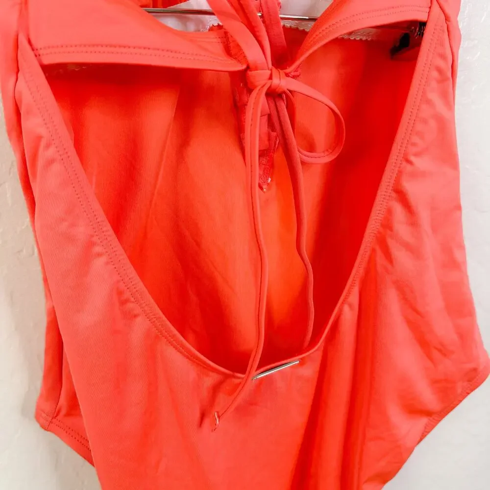 Laundry by Design Plunge Lace Up One Piece Swimsuit Swimwear Coral Medium NWT